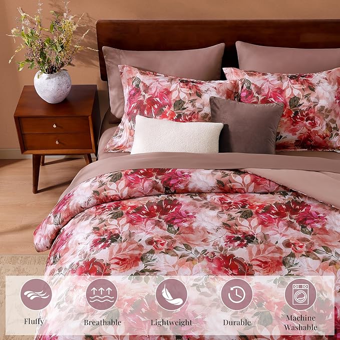 CASAAGUSTO King Comforter Set, 7 PCS Red Rose Floral Comforter Set with Flowers Leaves Pattern, Soft Seersucker Design All Season King Size Bedding Set(102"X90")