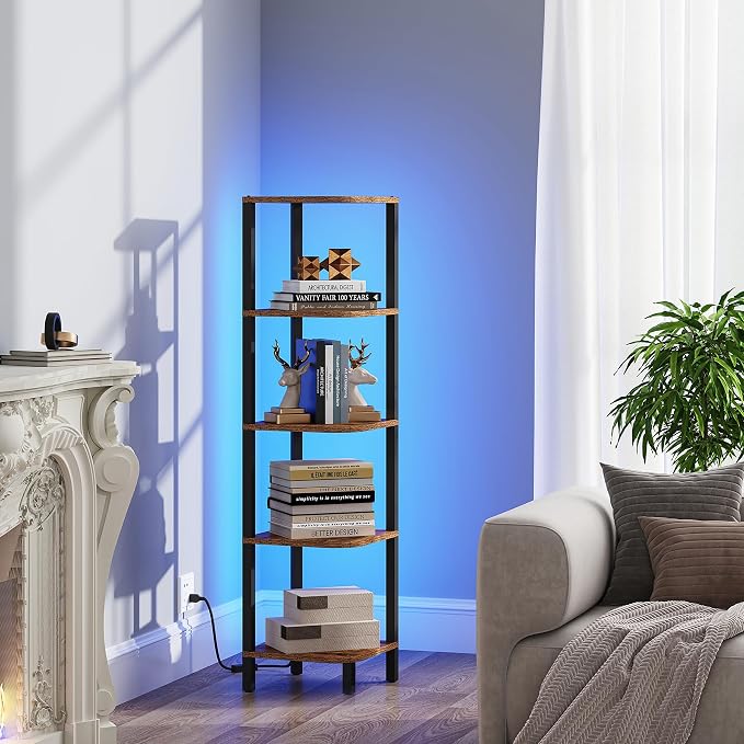 TUTOTAK Corner Shelf with LED Light, 5-Tier Corner Bookshelf for Small Space, Narrow Display Corner Shelf Stand with Storage Rack, for Living Room, Bedroom, Rustic Brown BS08BB005L - Image 8