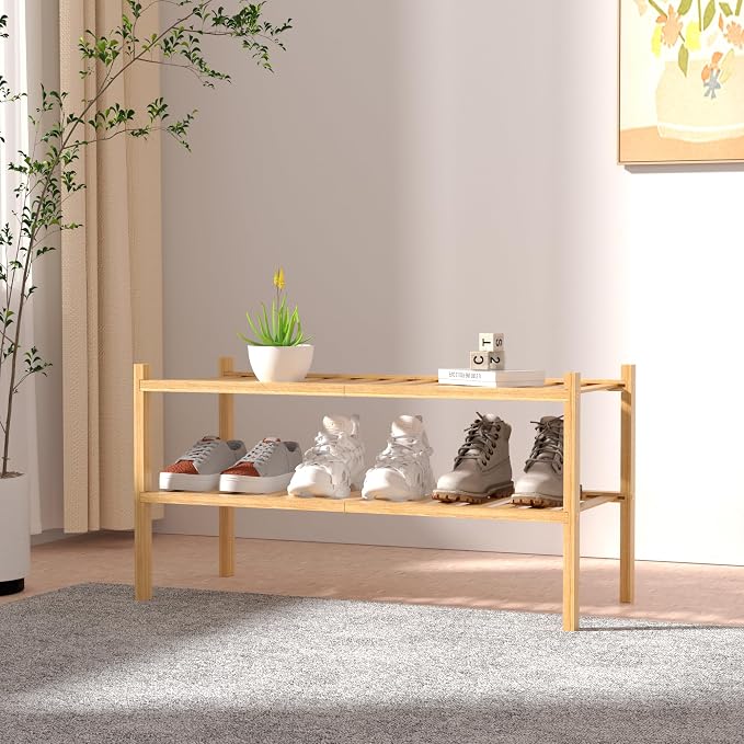 ROMGUAR CRAFT 2 Tier Bamboo Shoe Rack for Closet Free Standing Wood Shoe Shelf for Entryway Small Space Stackable 27"x11"x13" (Natural) - Image 2