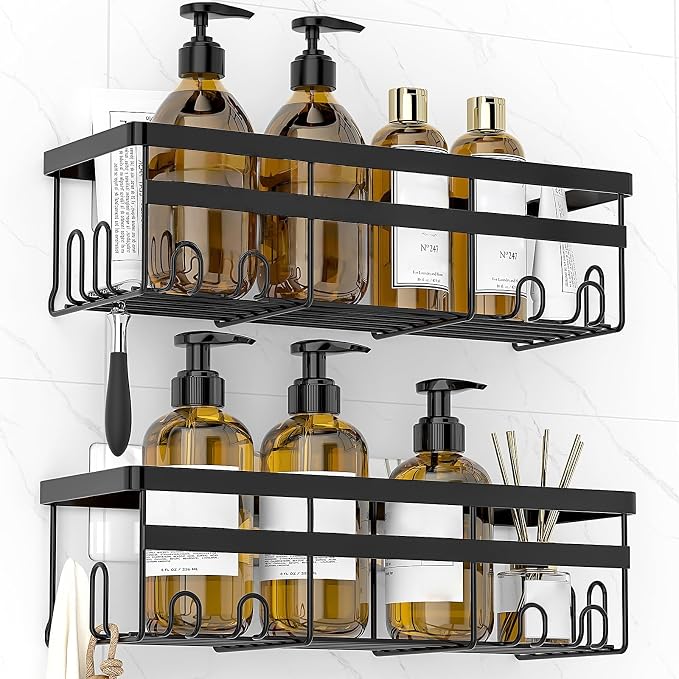 WOWBOX Shower Caddies 2 Pack - Adhesive Hanging Shower Shelf - Bathroom & Kitchen Organizers and Storage, No Drilling Stainless Shower Shelves for Home Decor Storage (Large), Black by WOWBOX