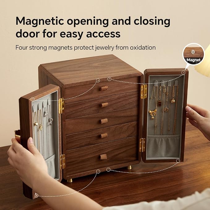 Black Walnut Wood Wooden Jewelry Box for Women, Large Velvet Lined Jewelry Organizer with 5 Drawers & Brass Feet, Earring Jewelry Box Organizer, Traditional Chinese Pattern Handles - Image 5