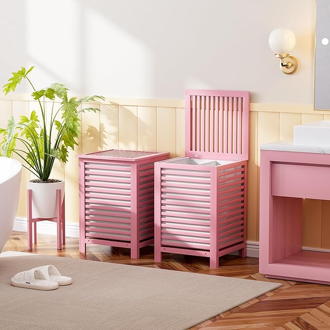 SMIBUY Double Laundry Hamper with Lid, 120L Bamboo Laundry Basket with Removable Liner Bag, 2-Section Clothes Divider Laundry Sorter for Laundry Room, Bathroom, Bedroom (Pink) - Image 2