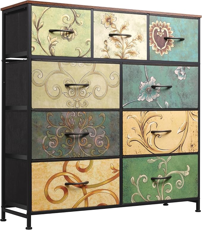 WLIVE 9-Drawer Dresser, Fabric Storage Tower for Bedroom, Hallway, Entryway, Closet, Tall Chest Organizer Unit with Fabric Bins, Steel Frame, Wood Top, Easy Pull Handle, Floral Painted by WLIVE