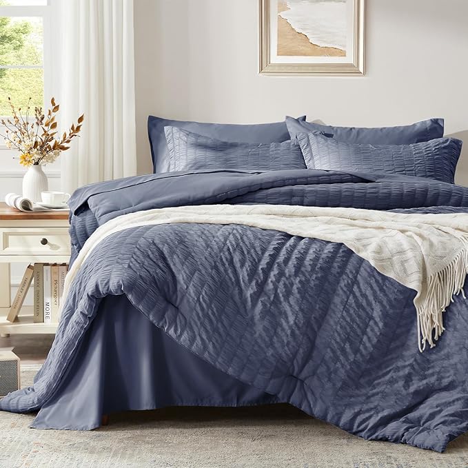 Zzlpp Twin Bedding Set 5 Pieces, Greyish Blue Seersucker, All Season Comforter Set with 1 Comforter, 1 Pillow Sham, 1 Pillowcase, 1 Flat Sheet, 1 Fitted Sheet