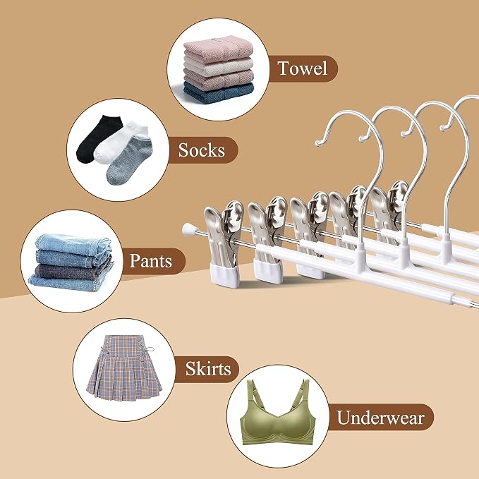 Pants Hangers with Clips 10 Pack Adjustable Skirt Hangers for Women Non-Slip Trousers Hanger for Jeans Clothes Hangers for Pants Heavy Duty Space Saving Shorts Hangers,White,12Inch - Image 4