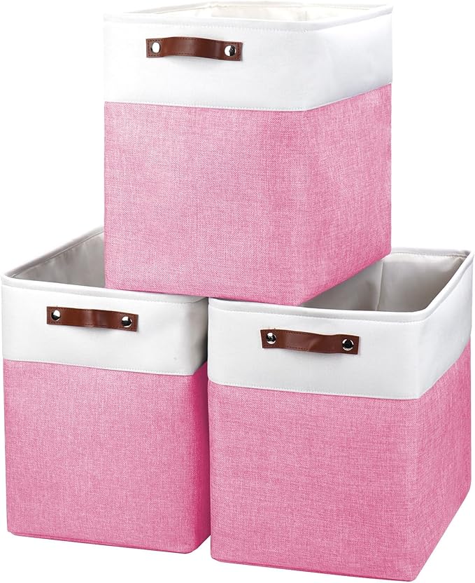 Bagnizer Large Fabric Storage Baskets | 50L Storage Bins, Decorative Linen Closet Baskets with Handles for Organizing, Shelf, Toys, Clothes, Home, Office, Nursery, 17x12x15Inches (Pink&White) by Bagnizer