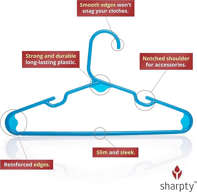 Sharpty Kids Plastic Hangers, Children's Hangers for Baby, Toddler, and Child Clothes - Everyday Standard Use - Ideal for Boys and Girls Closet, Clothing, Pants, Coats, and More - Blue, 60 Pack - Image 3