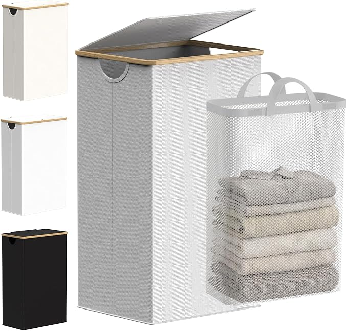 efluky Laundry Basket with Lid and Removable Bag, 100L Tall Laundry Hamper with Bamboo Handles, Aesthetic Dirty Clothes Bin for Laundry Room, Bathroom, Bedroom and Dorm, Light Grey by efluky
