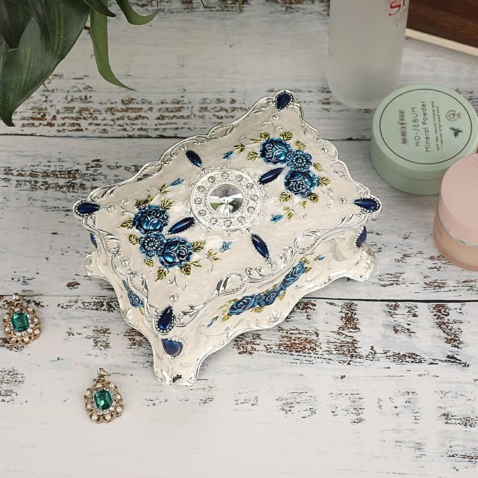 Hipiwe Vintage Metal Jewelry Box Trinket Organizer Box Jewelry Organizer for Women Jewelry Display Home Decor Unique Gift Silvery Medium - Image 5