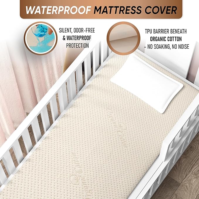 Luxury Organic Cotton Crib Mattress Pad - Skin Friendly, Waterproof, Breathable & Absorbent Mattress Protector - Ultra Thick 380GSM 3D Air Fabric - Fitted for Standard Baby Crib Size