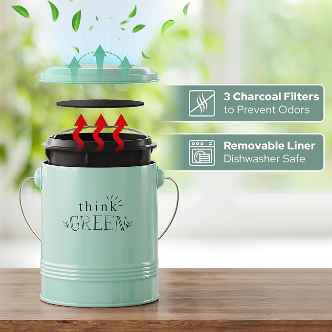 Barnyard Designs Compost Bin for Kitchen Counter - 1.2 Gallon Countertop Composter with Extra Smell-Absorbing Filters and Inner Bucket for Easy Cleaning - Food Waste Bin for Kitchen with Lid (Mint) - Image 2