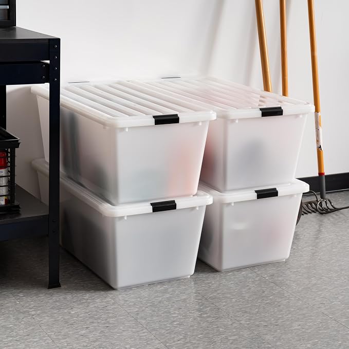 IRIS USA 91 Qt Stackable Plastic Storage Bins with Lids, 4 Pack - BPA-Free, Discreet Organizing Solution, Latches, Durable Nestable Containers, Secure Pull Handle, Made in USA - Pearl - Image 6