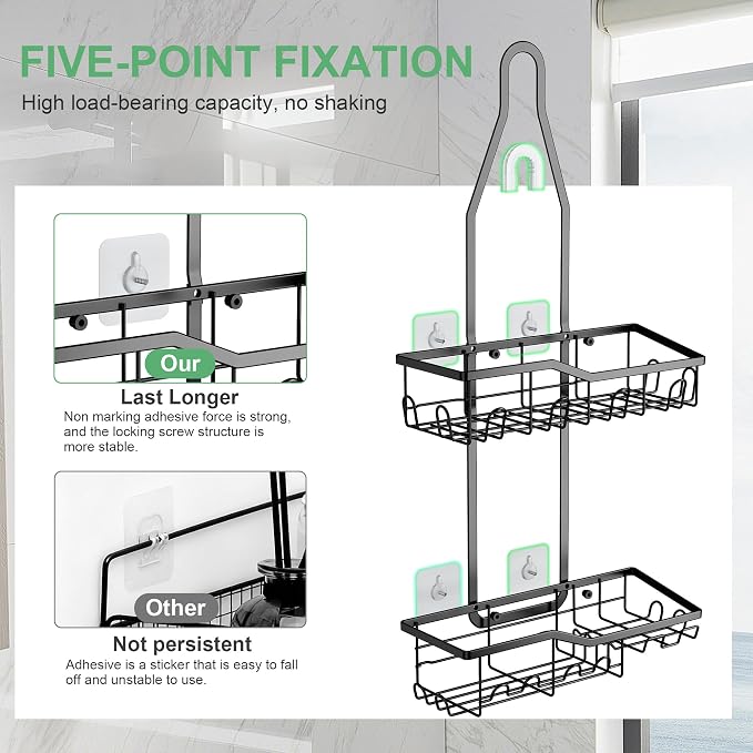 Shower Caddy Hanging,Rustproof Anti-Swing Shower Organizer,2 Tier Hanging Bathroom Caddy Anti-swing and Non-slip,Bathroom Organizer with 18 Hooks for Razor/Sponge - Image 2