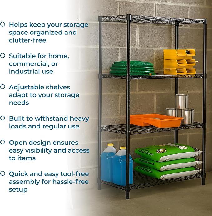 Honey-Can-Do 4-Tier Heavy Duty Adjustable Shelving Unit, 250-lb Per Shelf Metal Storage Rack, Wire Shelf for Garage Kitchen Office Pantry, Black, 36 x 14 x 54 in - Image 8