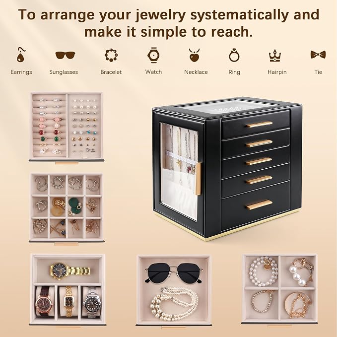 Homeanda Jewelry Box for Women with Glass Lid, 5 Drawers Jewelry Organizer and Storage for Necklaces, Rings, Earrings, Bracelets, Gift for Girls and Teens,PU Leather (Black) - Image 4