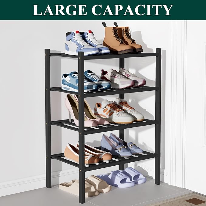 Smiry Bamboo Shoe Rack for Closet, 4 Tier Small Wooden Stackable Shoe Organizer, Free Standing Shoes Storage Shelf for Entryway, Front Door Entrance, Black - Image 5