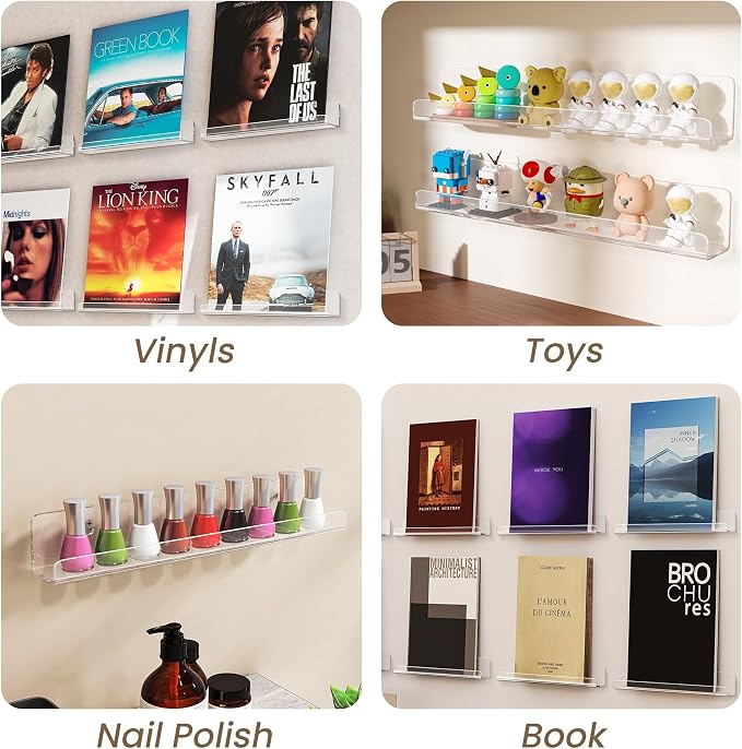 Gotega 8 Pack Vinyl Record Shelf Wall Mount, 12 inch Album Record Holder Display, Clear Acrylic Floating Shelves for Wall, Suitable for Bedroom, Living Room, Magazine Shelf, Kids Bookshelf, etc - Image 5