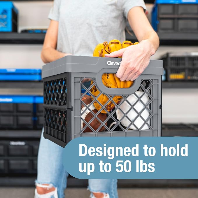 CleverMade Collapsible Milk Crate 25L (6.6 Gal) 3 Pack, 50 lb Capacity Heavy Duty Folding Crate – Stackable Storage Crates with File Rails, Plastic Collapsible Crates - Obsidian - Image 3
