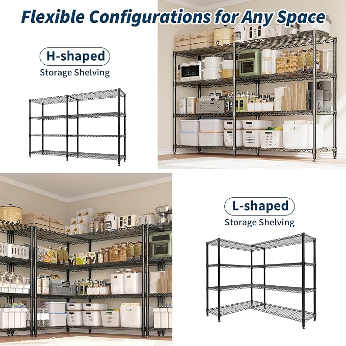 Garvee Storage Shelves 60" W Heavy Duty Metal Shelving Unit, 4-Tier Wire Rack Shelving for Kitchen Garage Storage, Load 1060LBS, Adjustable Wire Shelf for Pantry Room Basement, 13.8" Dx59.5 H, Black - Image 4