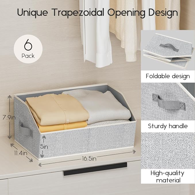 Homsorout Large Closet Organizers and Storage Bins - 6 Pack Trapezoid Storage Baskets for Shelves, Foldable Fabric Baskets with Handles Ideal for Closet, Basket, Wardrobe and Shelf Storage, Light Grey - Image 2