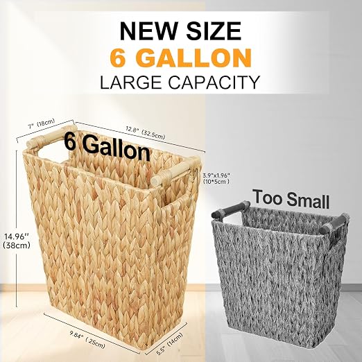 Coeusy 6 Gallon Wicker Trash Can with Wooden Handle,Wicker Waste Basket for Bathroom,Bedroom,Large Narrow Water Hyacinth Trash Basket,Rattan Boho Decor Farmhouse Bathroom Trash Can - Image 2