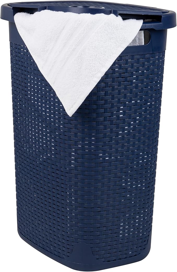 Mind Reader Slim Laundry Hamper with Lid, 60L Tall Clothes Basket, Narrow Tapered Design for Bathrooms, Closets and Laundry Rooms, Plastic, Navy by MindReader