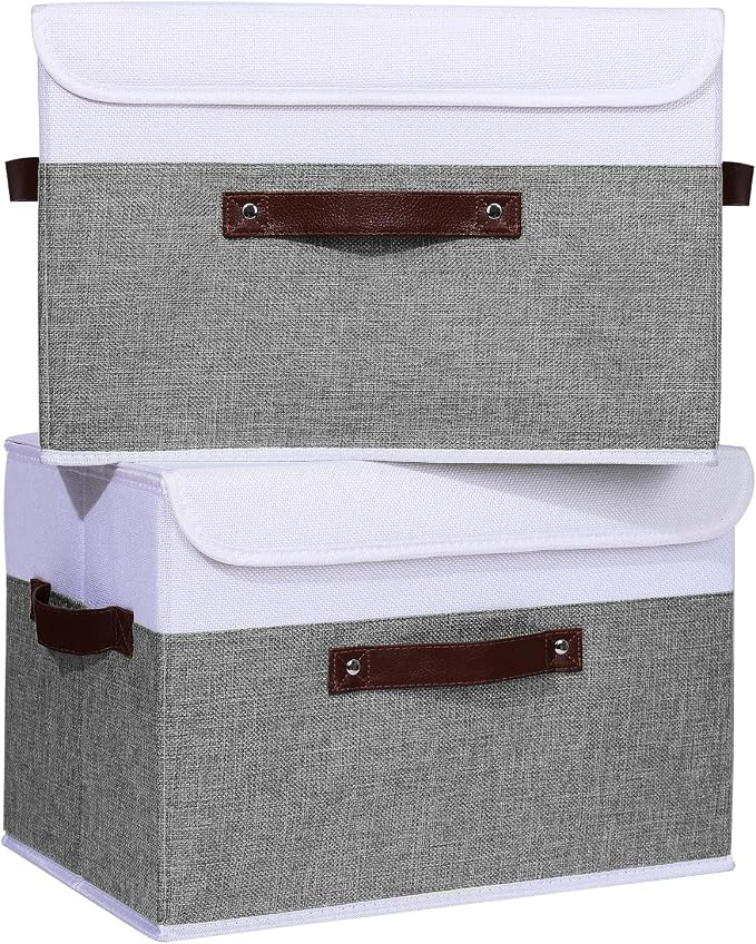ANMINY 4PCS Storage Boxes with Lid Washable Decorative Storage Bins Basket with PU Leather Handle Foldable Linen Fabric Storage Cubes Containers for Home Closet Organizer - Gray White, Large Size - Image 2