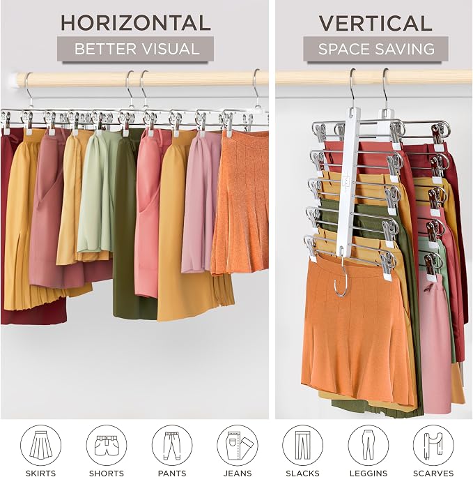 MORALVE Skirt Hangers Space Saving with Clips - 2 Pack - European Beechwood 5-Tier Hanger for Shorts, Skirts, and Pants - Closet Organizer and Storage Solution for Women with 360° Swivel Hook - Image 4
