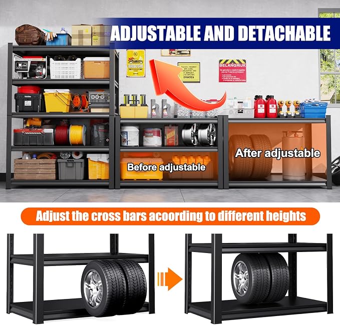 71" H-35 W Garage Shelving Heavy Duty Storage Shelves, Metal Adjustable Shelving Unit, Utility Garage Organizer Shelf for Basement, Pantry, Kitchen, Warehouse,16" D x 35" W x 71" H, Black - Image 5