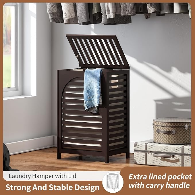 FILWH Laundry Hamper with Lid (16.9 * 13 * 26.5inches) Large Bamboo Laundry Bin Basket 85L Clothes Hamper with 1 Removable Bag Storage baskets for Bathroom(Brown) - Image 4