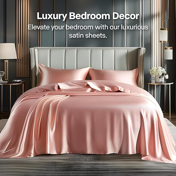 BEDELITE King Size Sheets Set, Luxury Soft Rose Pink Satin Sheets for Hair and Skin, Similar to Silk Bed Sheets Set 4 Pieces with 1 Deep Pocket Fitted Sheet, 1 Flat Sheet, and 2 Pillowcases