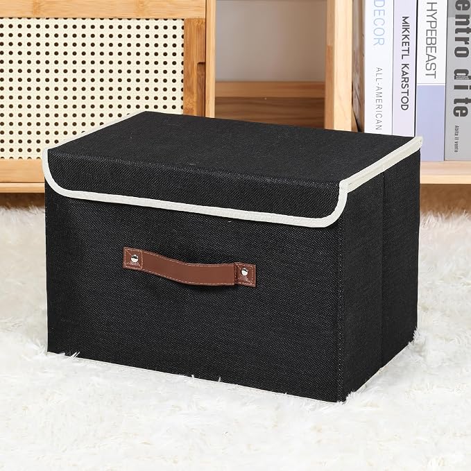 ANMINY 4PCS Storage Bin with Lid Storage Boxes with PU Leather Handles PP Plastic Board Decorative Foldable Lidded Cotton Linen Fabric Home Cubes Baskets Closet Organizer Container - Black, Medium - Image 7