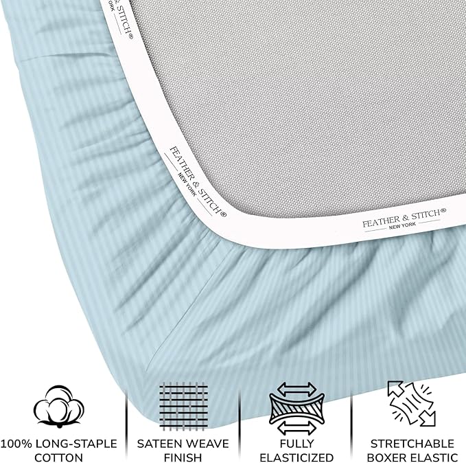 Feather & Stitch 500 TC Twin Size Damask Bed Sheet Set, 100% Cotton Soft Breathable Bedsheets, 3 Piece 18" Deep Pockets Sateen Weave Striped Bedding Mattress Resort Hotel Luxury- (Aqua Stripe)