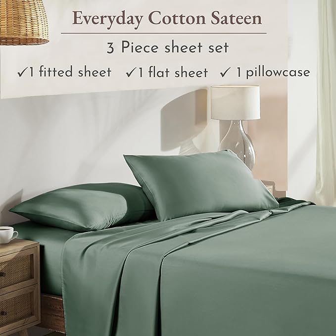 California Design Den Twin Sheet Set - Natural 100% Cotton Sheets with 12" Pockets, Soft Sateen Weave, Breathable and Durable Bedding Set for Dorm Rooms, College (Sage Green - Dark)