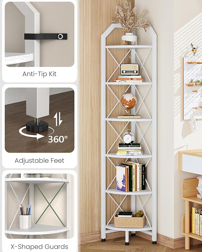 CHOEZON 6-Tier Industrial Corner Shelf, 71.2" Corner Storage Stand, Plant Stand Display Shelf, Corner Bookcase for Bedroom, Living Room, Home Office, White TCJ11WB - Image 4
