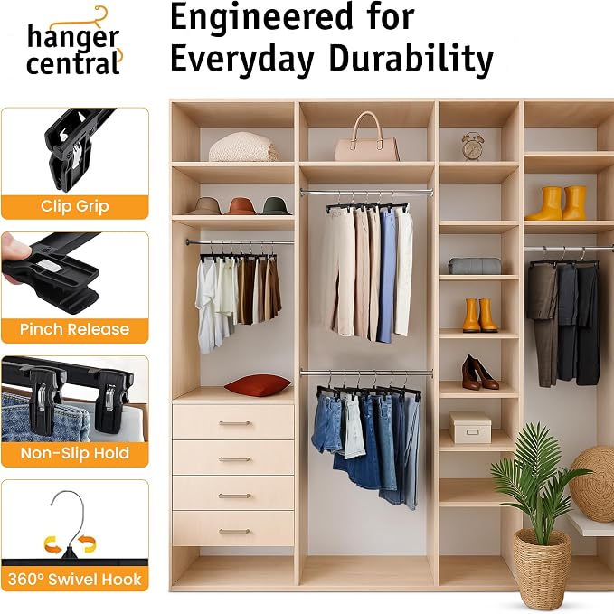 Hanger Central 30 Pack Pants Hangers Slim Plastic Clothes Hangers with Clips for Skirts, Shorts & Trousers – Non Slip Grip, Heavy Duty Space Saver with Swivel Hook – Black Closet Organizer - 10 Inch - Image 5