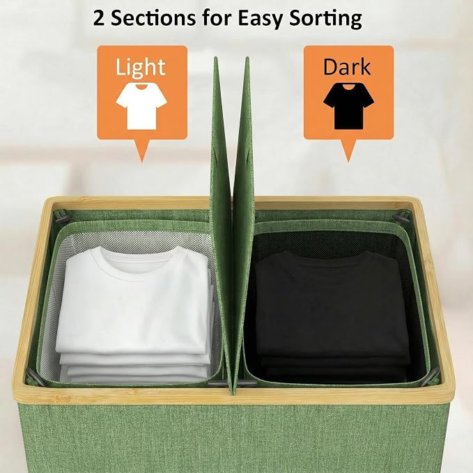 efluky Laundry Hamper with Lid, Double Laundry Hamper with 2 Removable Bags, 2 Section Laundry Basket with Bamboo Handles for Bathroom, Bedroom & Laundry Room,140L Green - Image 2