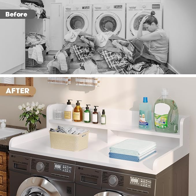 2-Tier Washer Dryer Countertop with 2.75"H Edge Rails, 54" W x 27.55" D Laundry Countertop for Folding Clothes, Washer and Dryer Topper with Non-Slip Pad (White) - Image 6