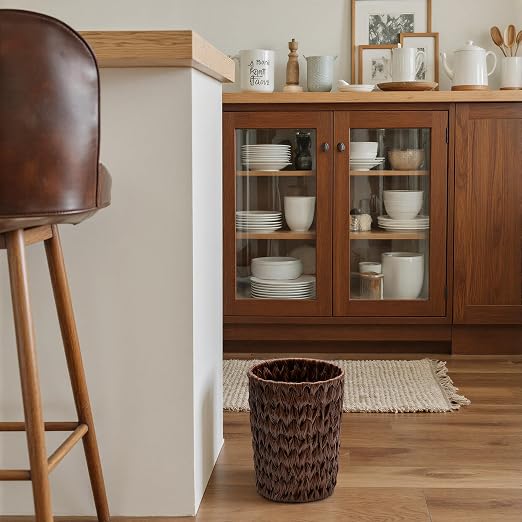 GRANNY SAYS Small Wicker Trash Can, 2 Gallon Bathroom Waste Basket, Small Bathroom Garbage Can, Plastic Trash Basket for Decor, Round Wastebaskets for Office, Bedroom, Cabinet, Brown - Image 5
