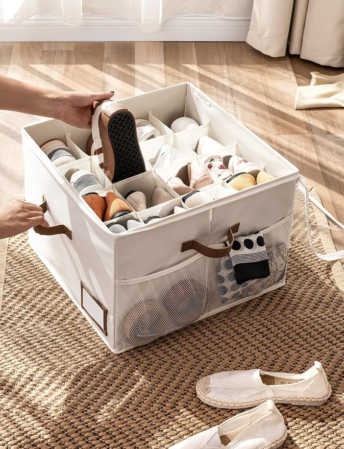 StorageWorks Shoe Organizer for Closet, Shoe Storage Bins with Clear Lid, Fabric Shoe Boxes with Side Mesh Pockets, Closet and Storage Bins for Slippers and Flats, Holds Up to 16 Pairs, Beige - Image 5