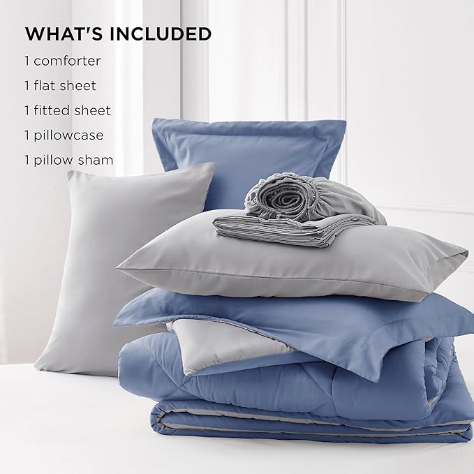 Bedsure Twin XL Comforter Set - 5 Pieces Reversible Twin XL Bed in a Bag, Infinity Blue and Grey with Comforters, Sheets, Pillowcase & Sham