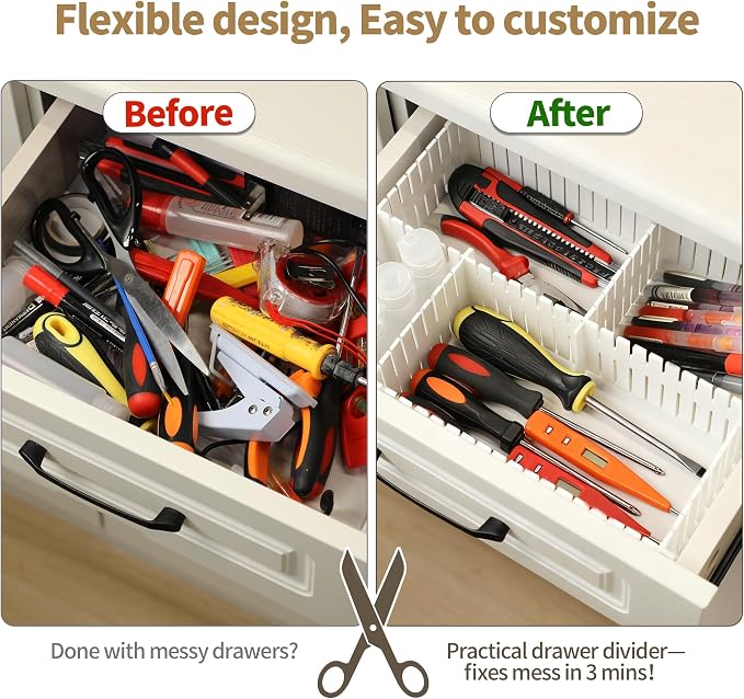 Drawer Divider Adjustable Diy Storage Organizer Separator for Tidying Clutter Cutlery Makeup Clothes of Dresses, Desk & Box in Kitchen Bathroom Bedroom Office (Cut at Will) (White 8pcs) - Image 3
