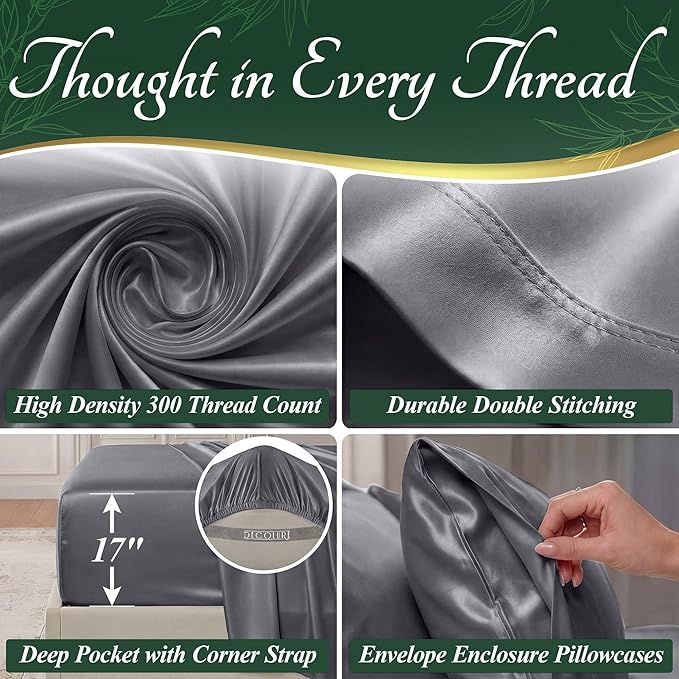 DECOLURE 100% Viscose Derived from Bamboo Sheets King Size - Luxury 6 Pc Naturally Cooling Sheets, Ultra Soft Bed Set - Deep 17" Pockets, Durable Double Stitching, Oeko Tex Standard (Grey)