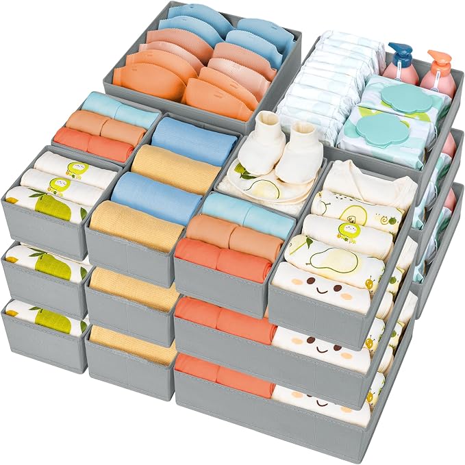 DIMJ Drawer Organizer 15 Pack - Foldable Baby Clothes Storage & Dresser Organizer for Nursery, Bedroom, Closet - Nursery Organization Dresser Dividers for underwear, Sock,Bra, Belt, Tie, Gray by DiMJ