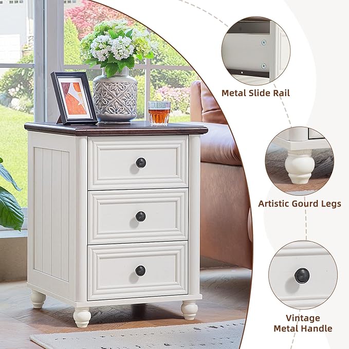 RWYHG 18" Farmhouse Night Stand Set of 2, White Wood Nightstand with 3 Drawers, Bedside End Table with Storage and Roman Column, Bed Side Tables Cabinet for Bedroom, Living Room, and Closet