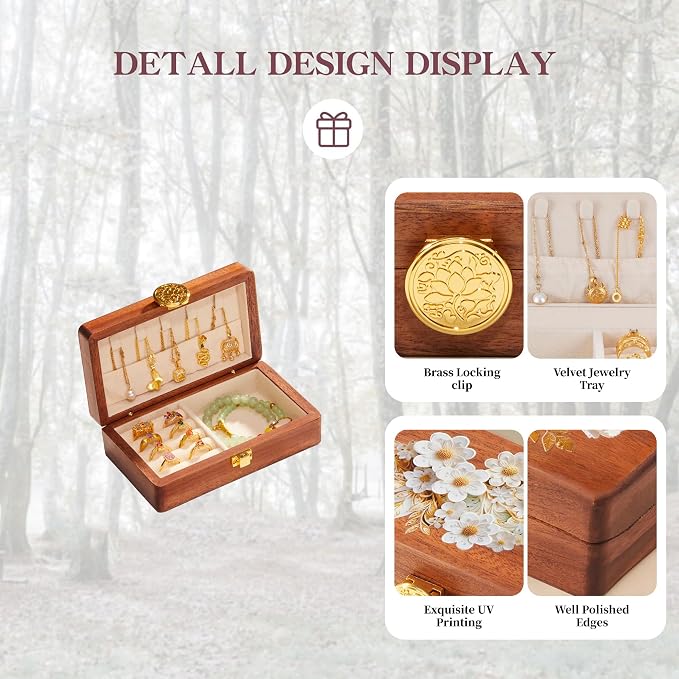 Travel Jewelry Case Small Wood Jewelry Organizer Jewelry Box for Women (Nut-Brown Print B) - Image 3