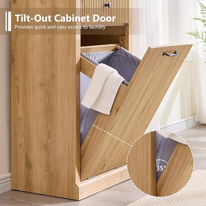 IFBUY Modern Tilt-Out Laundry Hamper Cabinet, 10 Gallon Fluted Trash Can Cabinet with Drawer, Wooden Hidden Garbage Can Cabinets with Laundry Basket, Free Standing for Bathroom & Kitchen, Natural Oak - Image 4