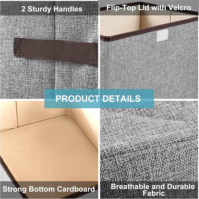 Bagnizer Linen Fabric Foldable Storage Cube Bin Organizer Basket with Flip-Top Lid & Handles, Large Clothes Blanket Box for Home, Office, Closet, Gray & Pink, 4 Pack 14.6 x 9.5 x 9.5” - Image 3