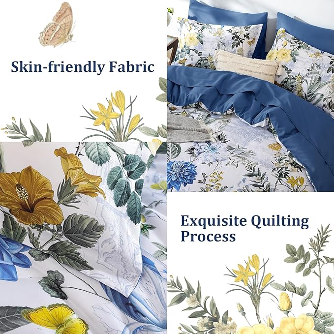 WONGS BEDDING Blue Comforter Set Queen, 7 Pieces Bed in a Bag Botanical Floral Comforter Bedding Set, Soft Microfiber Comforter with Flat Sheet, Fitted Sheet, Pillow Shams, Pillowcases