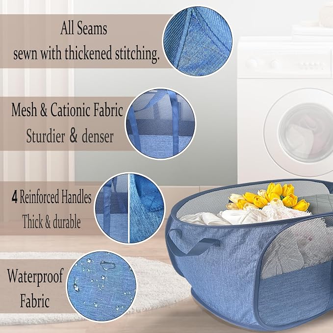 Extra Large Mesh Pop Up Laundry Hamper, 100L Collapsible Laundry Basket, Dirty Clothes Hamper with Reinforced Handles, Storage Bins for Shelves, Dorm or Home Portable Stair Laundry Basket. Blue - Image 3